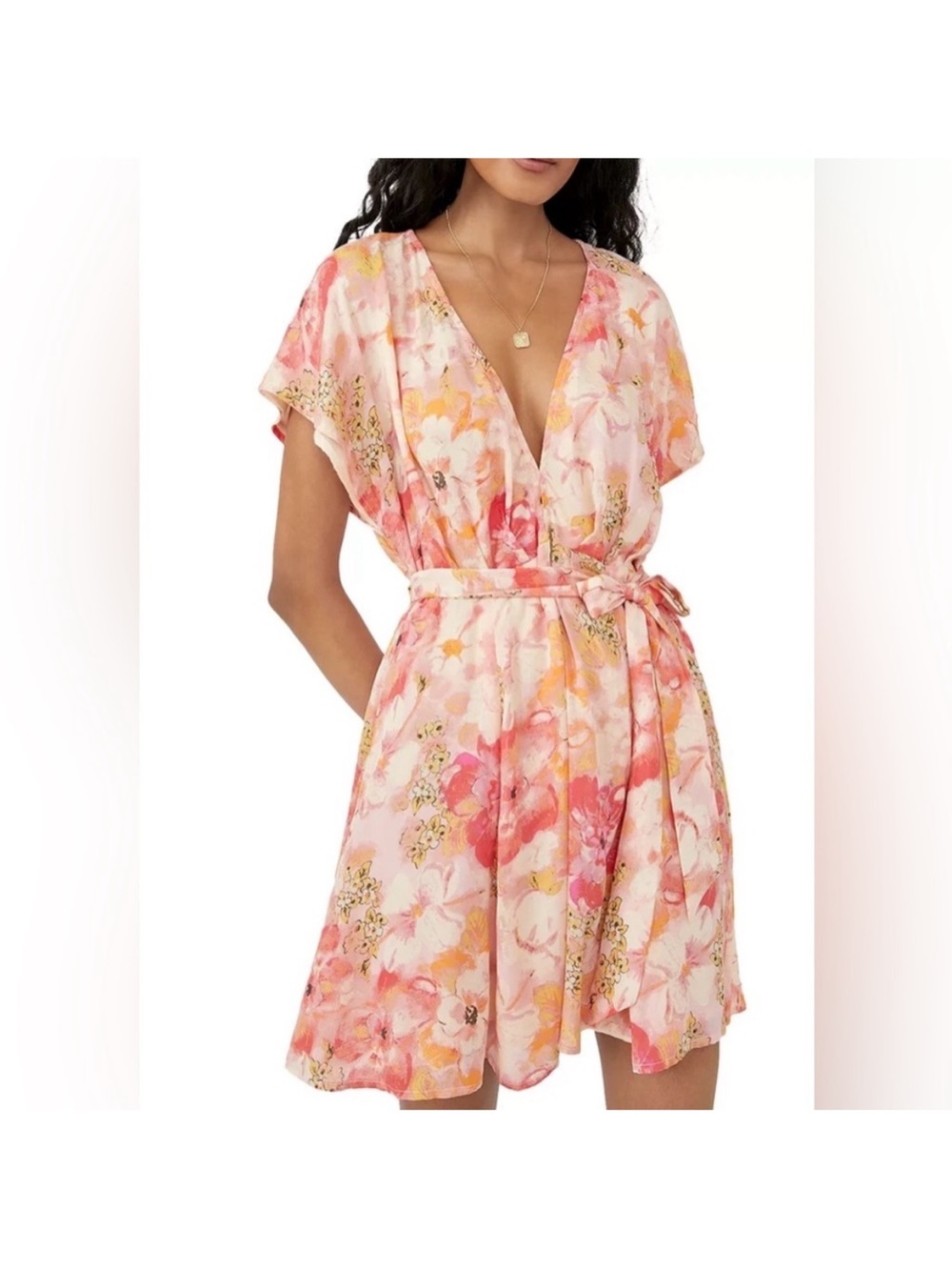 Free People Pink & Coral Floral Satin Wrap dress